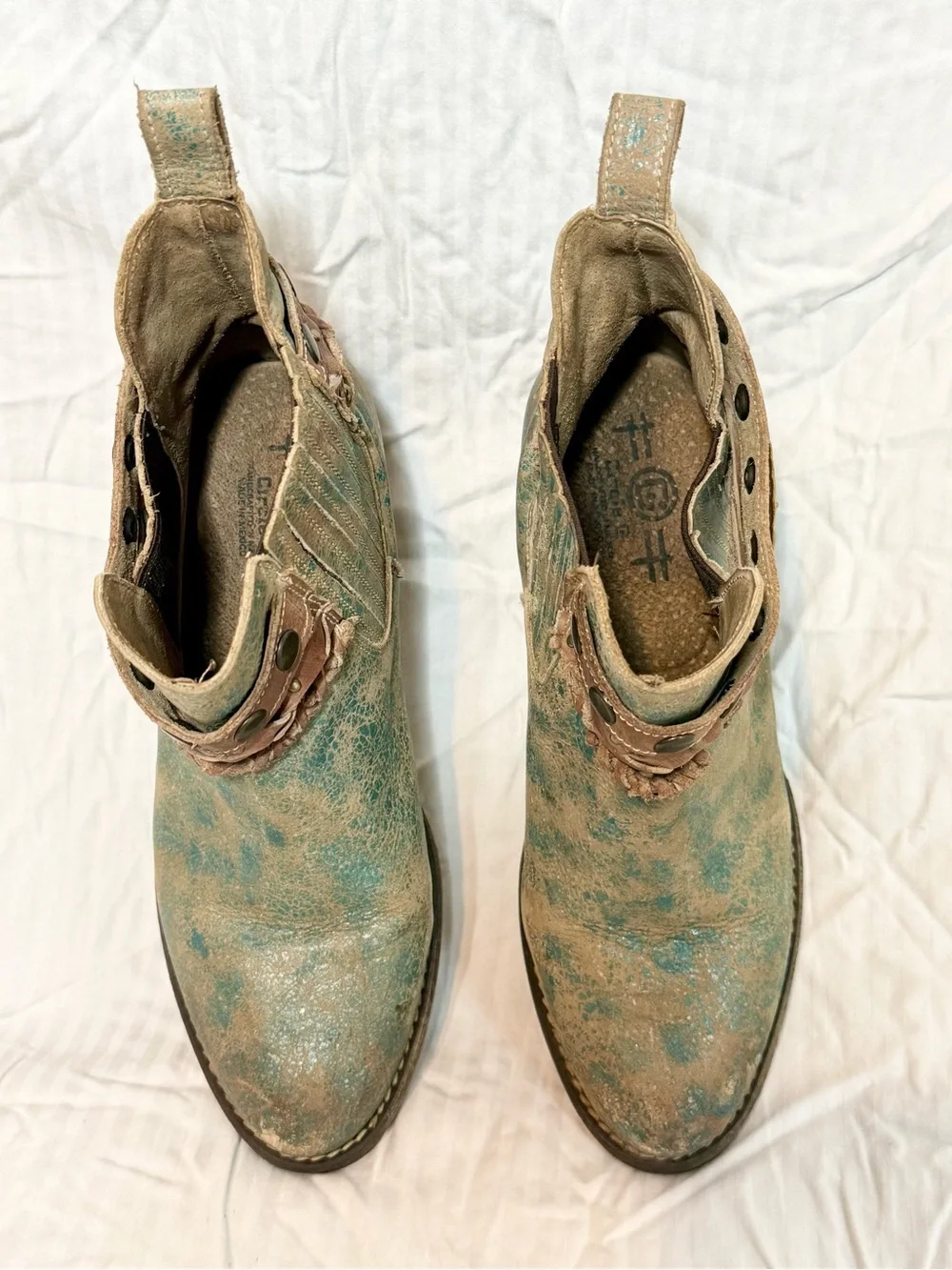 Circle G Teal Distressed Leather Ankle Booties with Braided Strap and Studs